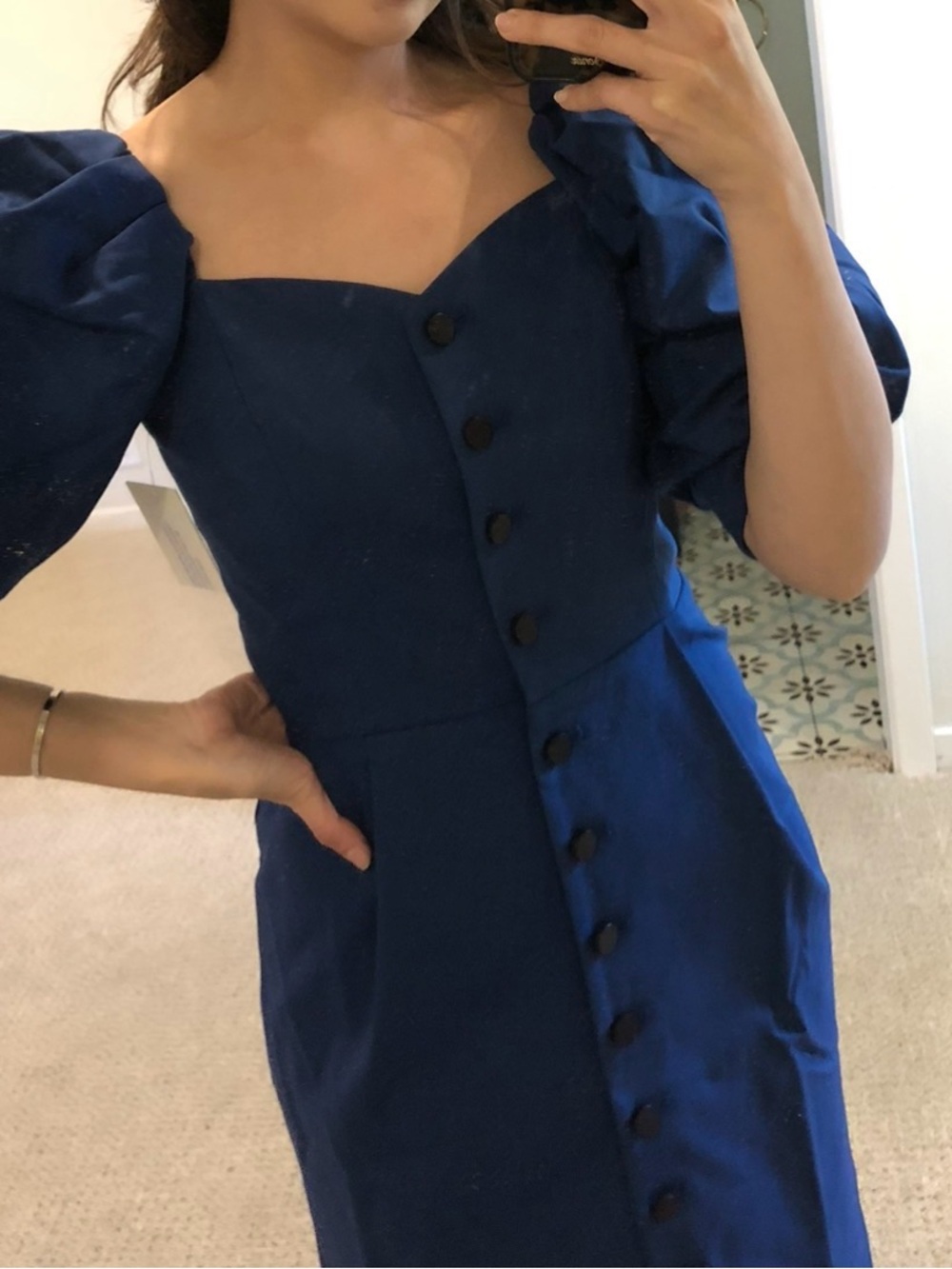 SeaNY- Elegant Puff-Sleeve Blue Dress with Button Front